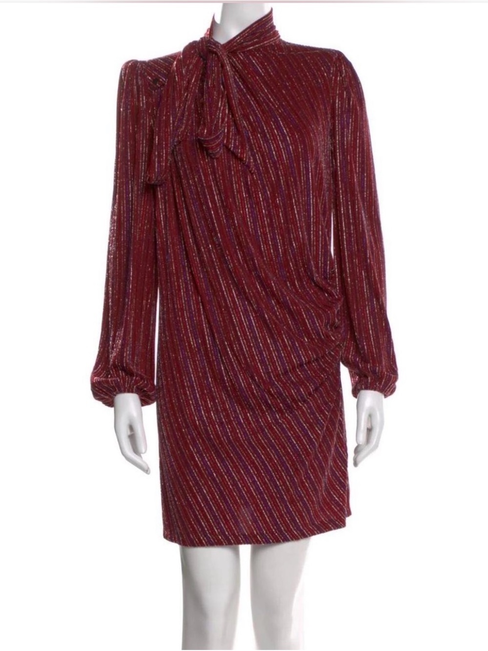 Marc Jacobs Metallic Burgundy Striped Tie-Neck Long Sleeve Dress